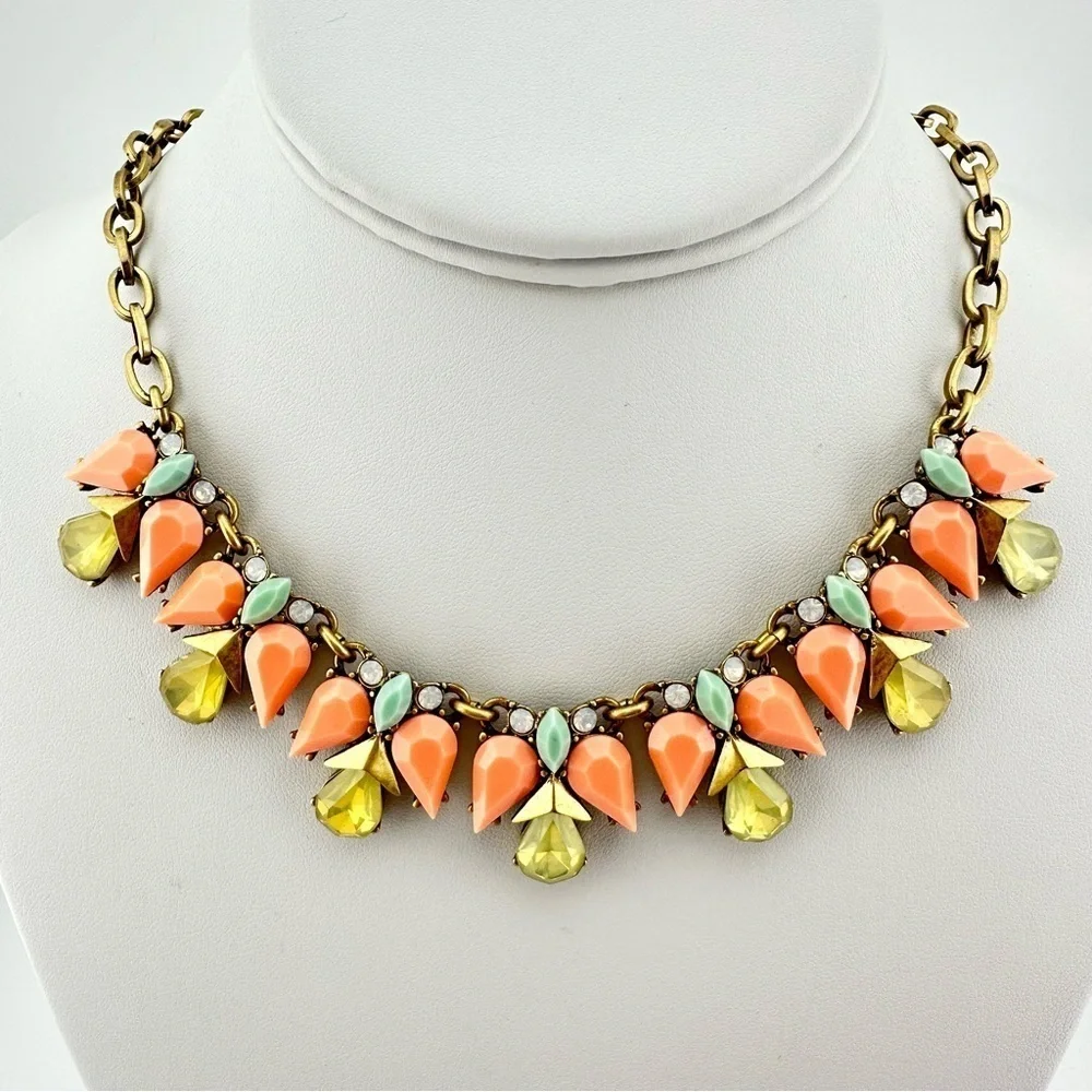 J Crew Necklace Peach, Light Blue & Opalescent Statement w Gold Link Chain
